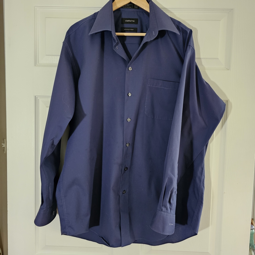 Claiborne Dress Shirt Men's Large Navy 16.5x34/35 100% Cotton Wrinkle Free